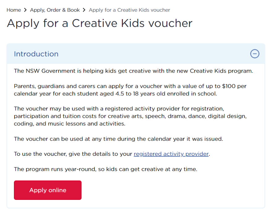 screenshot for applying a creative kids voucher